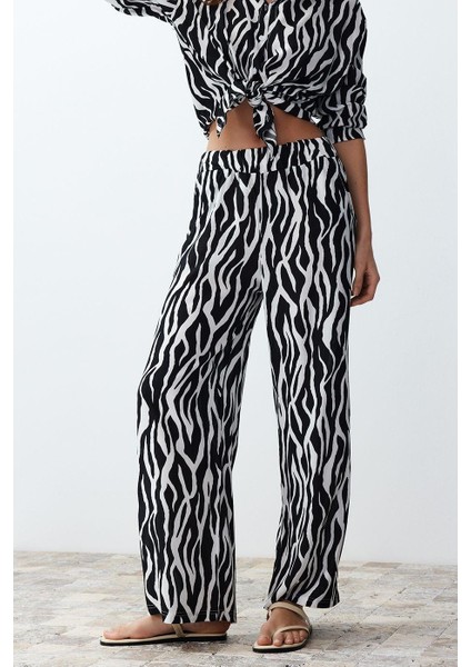 Tarz Kadın Modern Moda Normal Bel Boru Paça Degaje Yaka Zebra Desenli Dokuma Gömlek-Pantolon Takım