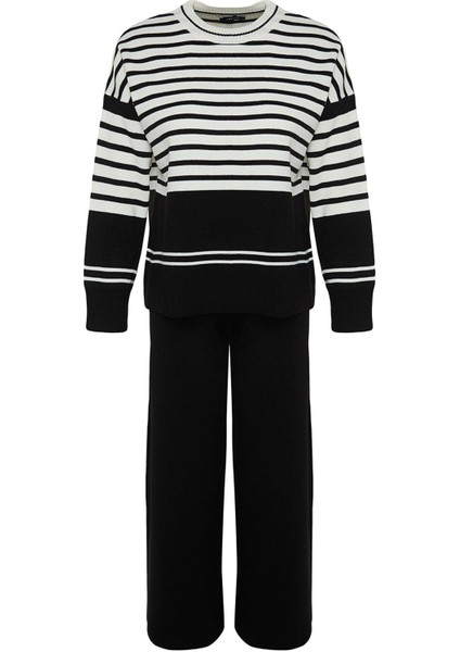 Tarz Kadın Modern Normal Bel Boru Paça Bisiklet Yaka Geniş Kalıp Renk Bloklu Triko Alt-Üst Takım indirimleri