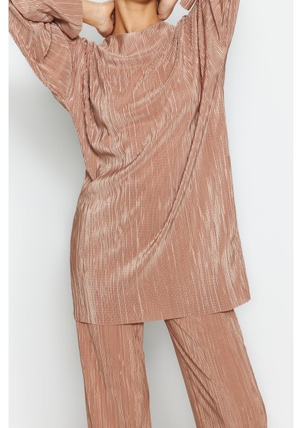 Tarz Kadın Modern Moda Normal Bel Boru Paça V Yaka Kendinden Piliseli Dokuma Alt-Üst Takım