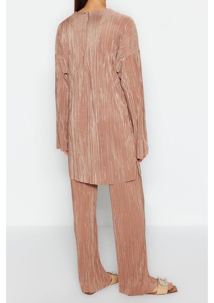 Tarz Kadın Modern Moda Normal Bel Boru Paça V Yaka Kendinden Piliseli Dokuma Alt-Üst Takım modelleri