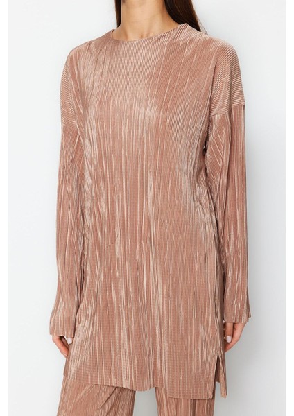 Tarz Kadın Modern Moda Normal Bel Boru Paça V Yaka Kendinden Piliseli Dokuma Alt-Üst Takım fırsatları