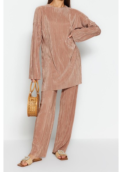 Tarz Kadın Modern Moda Normal Bel Boru Paça V Yaka Kendinden Piliseli Dokuma Alt-Üst Takım indirimleri