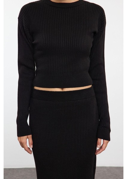 Tarz Kadın Modern Moda Normal Bel Geniş Paça Bisiklet Yaka Crop Etekli Triko Alt-Üst Takım