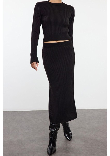 Tarz Kadın Modern Moda Normal Bel Geniş Paça Bisiklet Yaka Crop Etekli Triko Alt-Üst Takım indirimleri