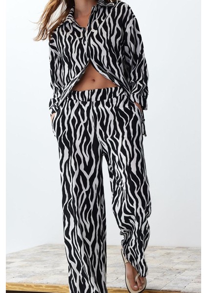 Tarz Kadın Modern Moda Normal Bel Boru Paça Degaje Yaka Zebra Desenli Dokuma Gömlek-Pantolon Takım