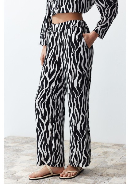 Tarz Kadın Modern Moda Normal Bel Boru Paça Degaje Yaka Zebra Desenli Dokuma Gömlek-Pantolon Takım