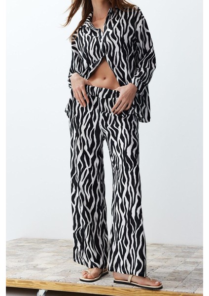 Tarz Kadın Modern Moda Normal Bel Boru Paça Degaje Yaka Zebra Desenli Dokuma Gömlek-Pantolon Takım