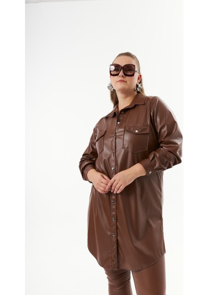 Büyük Beden Deri Gömlek Tunik Camel modelleri