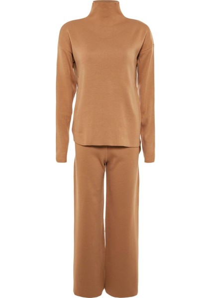 Tarz Kadın Modern Moda Normal Bel Geniş Paça Dik Yaka Dik Yaka Triko Alt-Üst Takım indirimleri