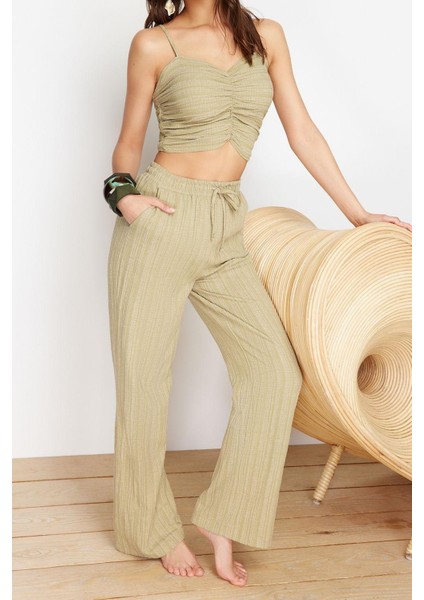 Tarz Kadın Modern Moda Normal Bel Boru Paça V Yaka Haki Dokuma Bluz Pantolon Takım