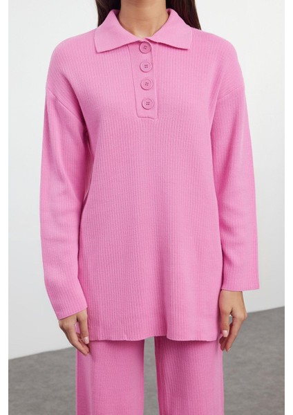 Tarz Kadın Modern Moda Normal Bel Geniş Paça V Yaka Polo Yaka Ftilli Triko Alt-Üst Takım