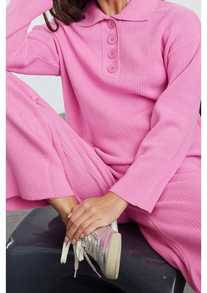 Tarz Kadın Modern Moda Normal Bel Geniş Paça V Yaka Polo Yaka Ftilli Triko Alt-Üst Takım fiyatları