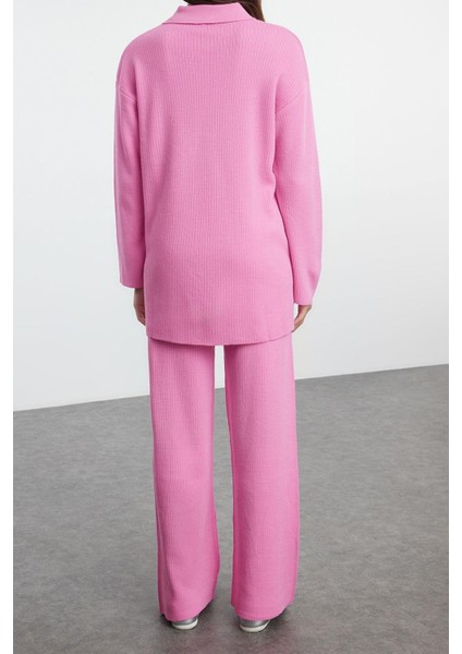 Tarz Kadın Modern Moda Normal Bel Geniş Paça V Yaka Polo Yaka Ftilli Triko Alt-Üst Takım modelleri