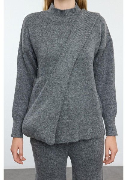 Tarz Kadın Modern Moda Normal Bel Boru Paça Balıkçı Yaka Çanta Detaylı Triko Alt-Üst Takım