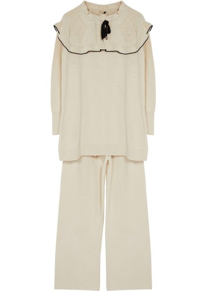 Tarz Kadın Modern Moda Normal Bel Boru Paça V Yaka Siyah Biyeli Yaka Detaylı Triko Alt-Üst Takım indirimleri