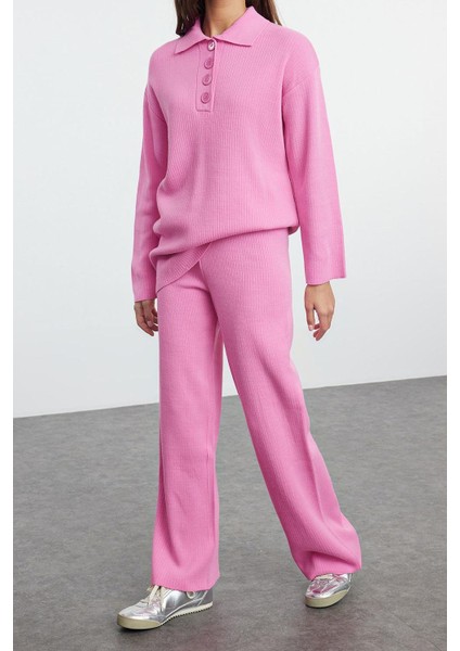 Tarz Kadın Modern Moda Normal Bel Geniş Paça V Yaka Polo Yaka Ftilli Triko Alt-Üst Takım indirimleri