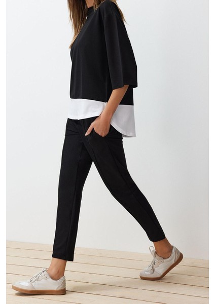 Tarz Kadın Modern Normal Bel Boru Paça Kalıp Dokuma Garni Detaylı Örme Bluz Pantolon Alt-Üst Takım