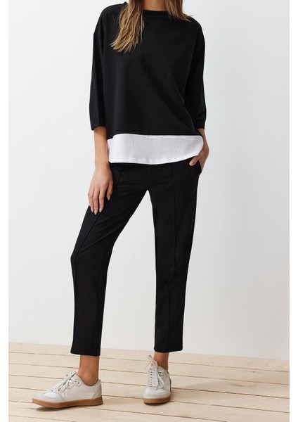 Tarz Kadın Modern Normal Bel Boru Paça Kalıp Dokuma Garni Detaylı Örme Bluz Pantolon Alt-Üst Takım indirimleri