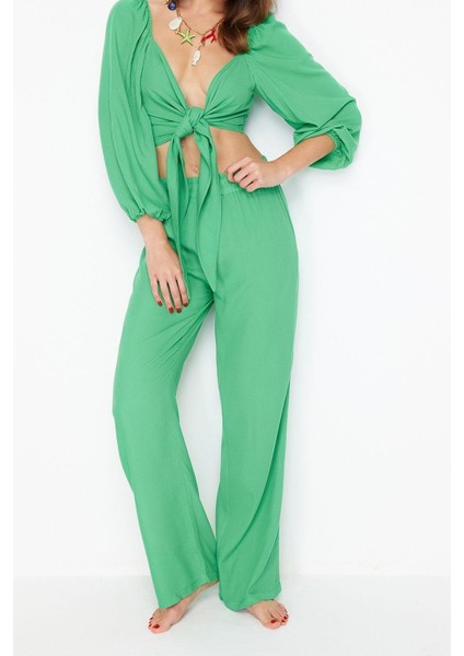 Tarz Kadın Modern Moda Normal Bel Boru Paça V Yaka Yeşil Dokuma Bağlamalı Bluz Pantolon Takım indirimleri