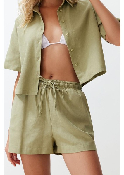 Tarz Kadın Modern Moda Normal Bel Boru Paça Gömlek Yaka Dokuma Keten Görünümlü Gömlek Şort Takım