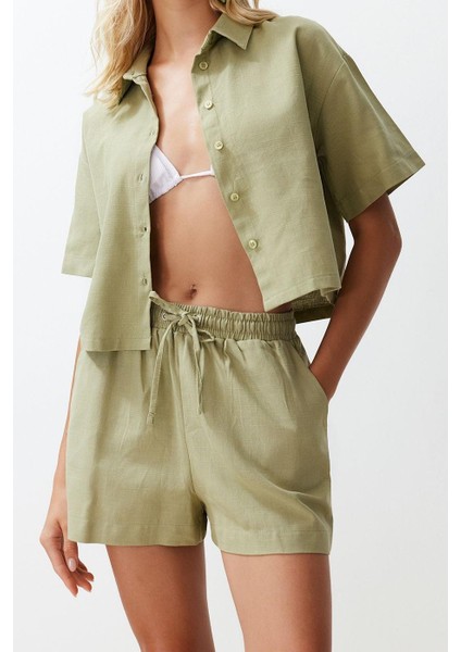 Tarz Kadın Modern Moda Normal Bel Boru Paça Gömlek Yaka Dokuma Keten Görünümlü Gömlek Şort Takım fiyatları