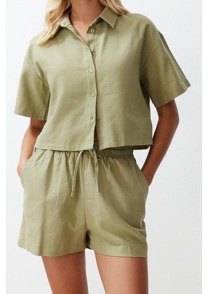 Tarz Kadın Modern Moda Normal Bel Boru Paça Gömlek Yaka Dokuma Keten Görünümlü Gömlek Şort Takım fırsatları