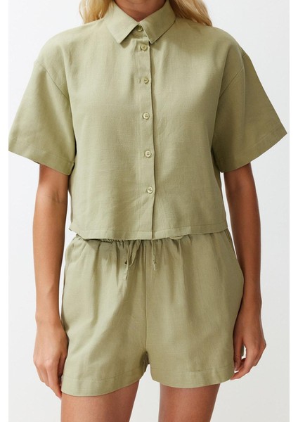 Tarz Kadın Modern Moda Normal Bel Boru Paça Gömlek Yaka Dokuma Keten Görünümlü Gömlek Şort Takım indirimleri