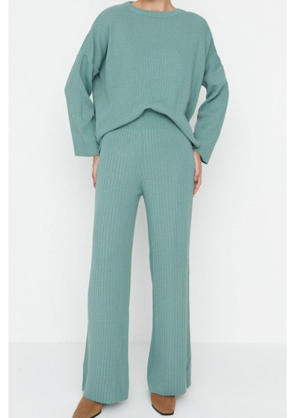 Tarz Kadın Modern Moda Normal Bel Boru Paça Bisiklet Yaka Basic Bisiklet Yaka Triko Alt-Üst Takım indirimleri