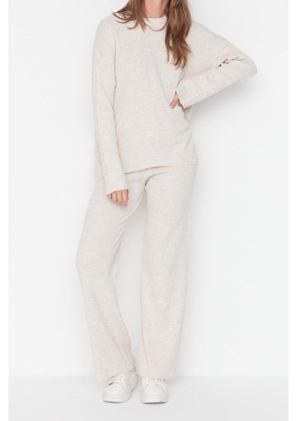 Tarz Kadın Modern Moda Normal Bel Boru Paça Bisiklet Yaka Basic Bisiklet Yaka Triko Alt-Üst Takım fırsatları