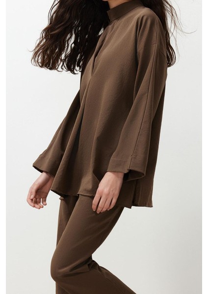 Tarz Kadın Modern Moda Normal Bel Boru Paça V Yaka Kahverengi Yakası Detaylı Dokuma Alt Üst Takım