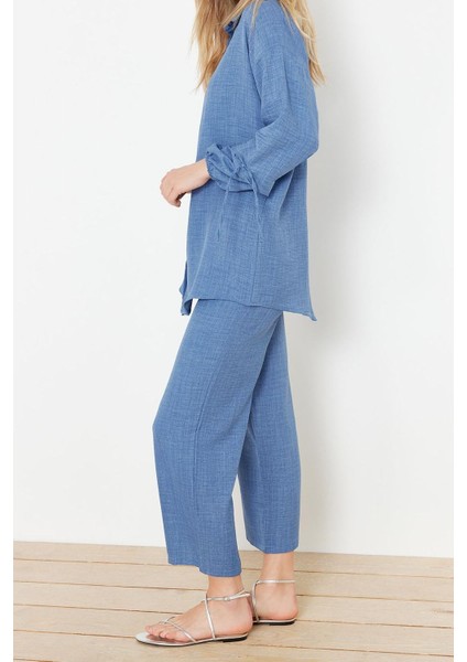 Tarz Kadın Modern Moda Normal Bel Boru Paça V Yaka Keten Görünümlü Dokuma Alt-Üst Takım