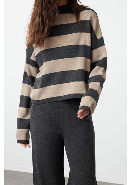 Tarz Kadın Modern Moda Normal Bel Boru Paça Dik Yaka Geniş Kalıp Çizgili Triko Alt-Üst Takım fiyatları