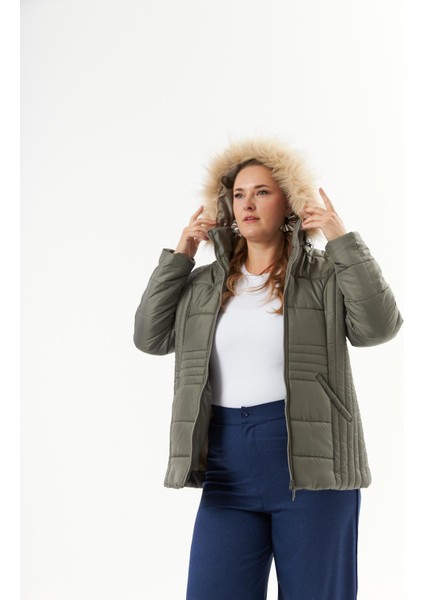 Büyük Beden Kapitone Şişme Mont Astarlı Çağla Yeşili