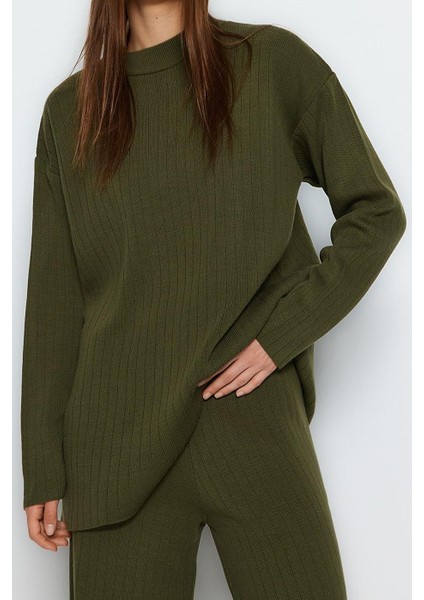 Tarz Kadın Modern Moda Yüksek Bel Geniş Paça Dik Yaka Geniş Kalıp Basic Triko Alt-Üst Takım