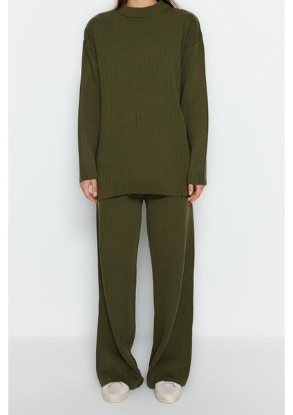 Tarz Kadın Modern Moda Yüksek Bel Geniş Paça Dik Yaka Geniş Kalıp Basic Triko Alt-Üst Takım modelleri