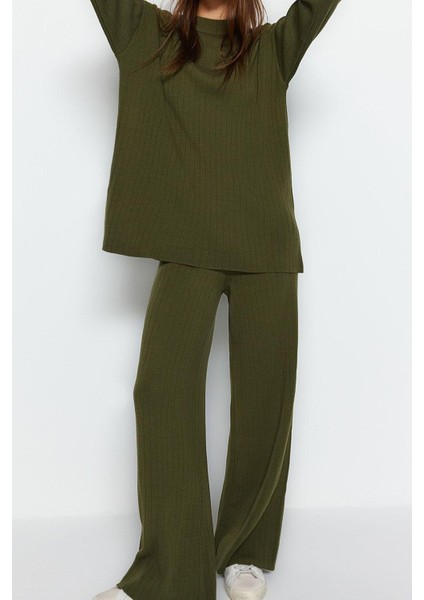 Tarz Kadın Modern Moda Yüksek Bel Geniş Paça Dik Yaka Geniş Kalıp Basic Triko Alt-Üst Takım fırsatları