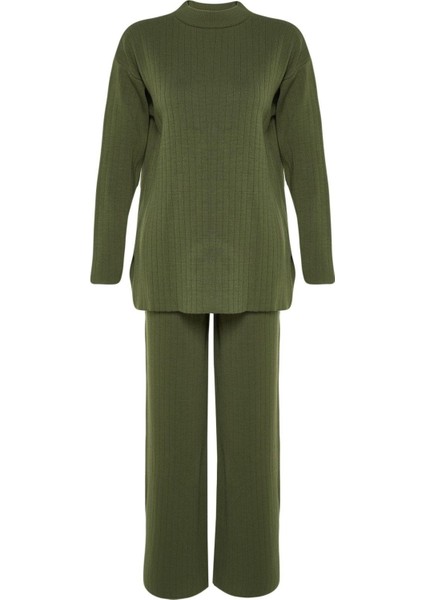 Tarz Kadın Modern Moda Yüksek Bel Geniş Paça Dik Yaka Geniş Kalıp Basic Triko Alt-Üst Takım indirimleri