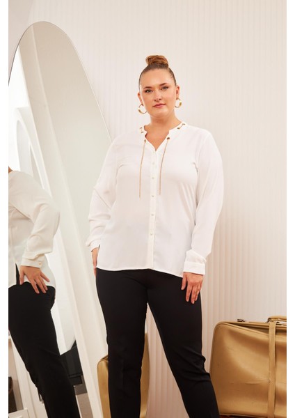 Büyük Beden Yaka Zincir Aksesuarlı Gömlek Ekru fiyatları