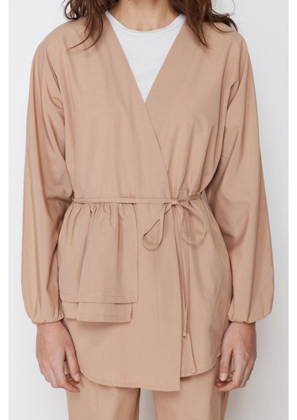 Tarz Kadın Modern Moda Normal Bel Boru Paça V Yaka Pamuklu Dokuma Kimono Pantolon Alt Üst Takım