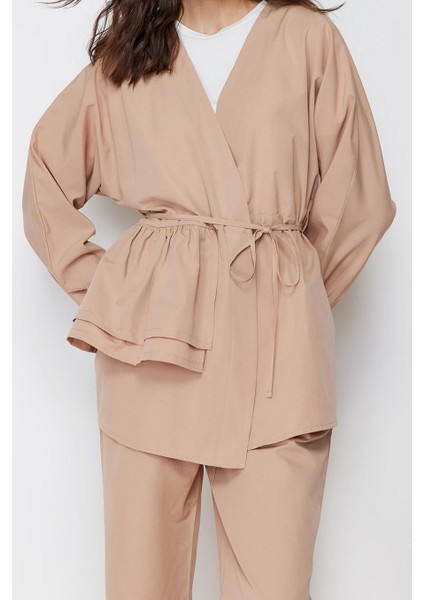 Tarz Kadın Modern Moda Normal Bel Boru Paça V Yaka Pamuklu Dokuma Kimono Pantolon Alt Üst Takım fiyatları