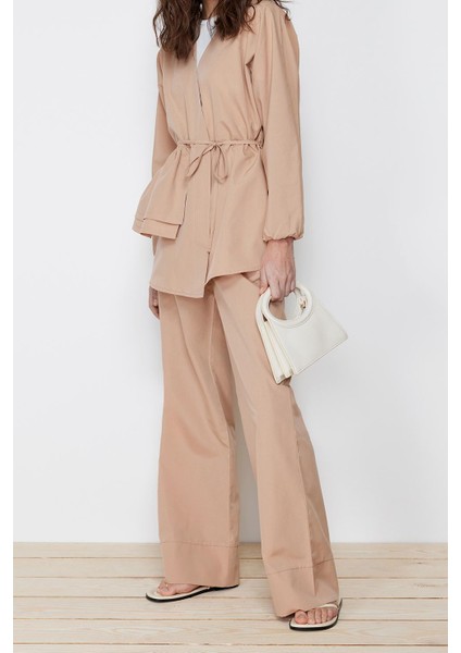 Tarz Kadın Modern Moda Normal Bel Boru Paça V Yaka Pamuklu Dokuma Kimono Pantolon Alt Üst Takım indirimleri