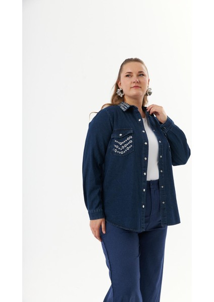 Büyük Beden Yaka ve Cep Aksesuarlı Denim Gömlek Mavi modelleri