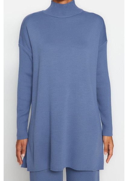 Tarz Kadın Modern Moda Normal Bel Geniş Paça Balıkçı Yaka Yırtmaçlı Geniş Paça Triko Alt-Üst Takım fırsatları