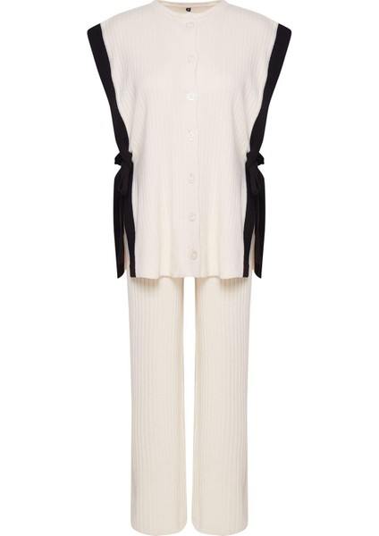 Tarz Kadın Normal Bel Geniş Paça Renk Bloklu Yırtmaç Detaylı Yelek-Pantolon Triko Alt-Üst Takım indirimleri