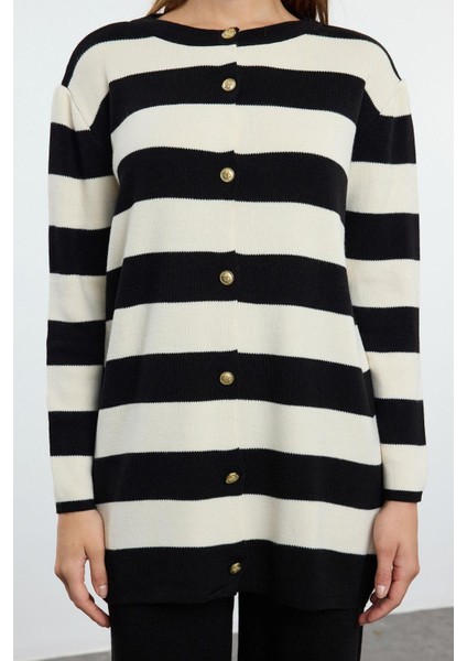 Tarz Kadın Modern Moda Normal Bel Boru Paça V Yaka Çizgili Triko Hırka Pantolon Alt-Üst Takım