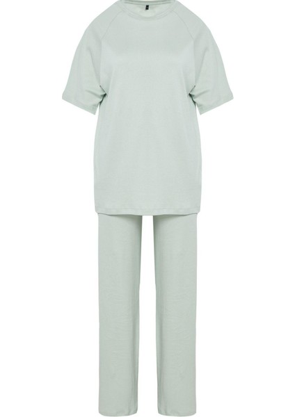 Tarz Kadın Normal Bel Geniş Paça Rahat Kalıp Wide Leg Geniş Paça Örme Bluz Pantolon Alt-Üst Takım indirimleri