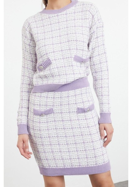 Tarz Kadın Modern Moda Normal Bel Boru Paça Bisiklet Yaka Tüvit Görünümlü Simli Triko Alt-Üst Takım