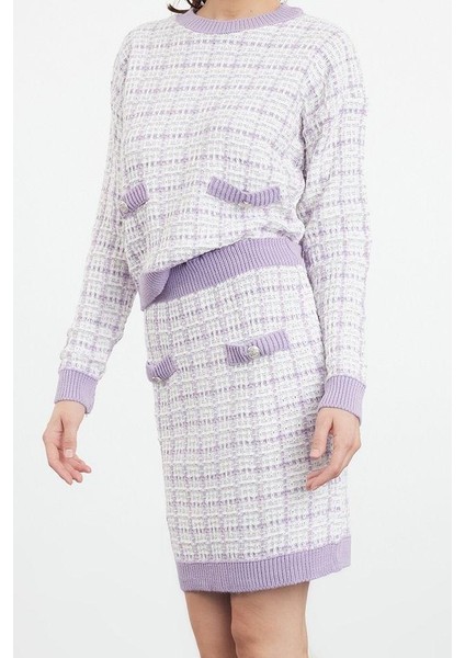 Tarz Kadın Modern Moda Normal Bel Boru Paça Bisiklet Yaka Tüvit Görünümlü Simli Triko Alt-Üst Takım fiyatları