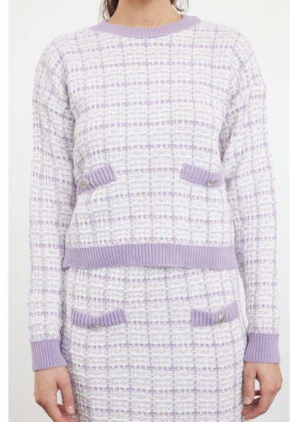 Tarz Kadın Modern Moda Normal Bel Boru Paça Bisiklet Yaka Tüvit Görünümlü Simli Triko Alt-Üst Takım fırsatları