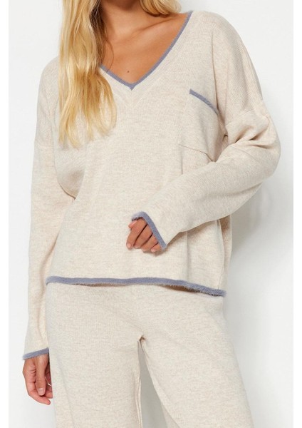 Tarz Kadın Modern Normal Bel Dar Paça V Yaka Geniş Kalıp Tüylü Iplik Garnili Triko Alt-Üst Takım